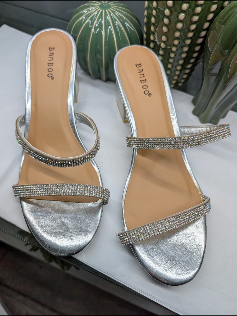 Bamboo Silver Embellished Strappy Sandal W/ Clear Chunky Heel 👠